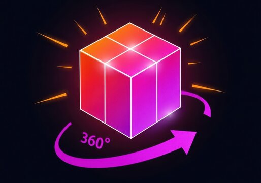 Glowing 360 degree rotating cube icon with neon gradient digital effect