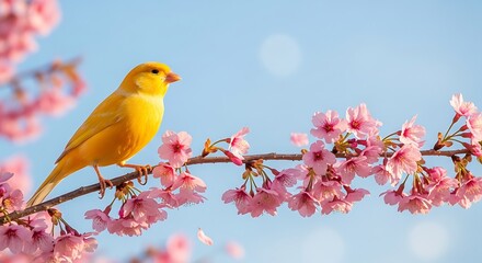 Fototapeta premium Vibrant yellow canary perched on a blooming cherry blossom branch against a clear blue sky