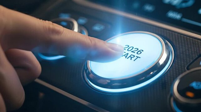 Finger presses futuristic start button in car, initiating 2026 journey with glowing blue accents