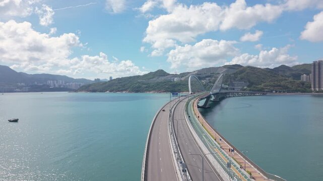 Drone Overhead Panning View of Tseung Kwan O Cross Bay Link in Hong Kong