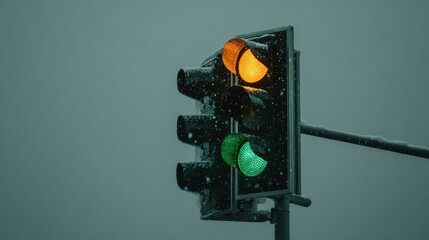 Traffic light showing yellow and green lights during a snowstorm at night.
