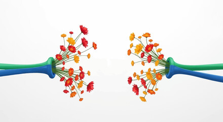 Floral arrangement emerging from tubes vibrant colors whimsical style creative concept positive energy