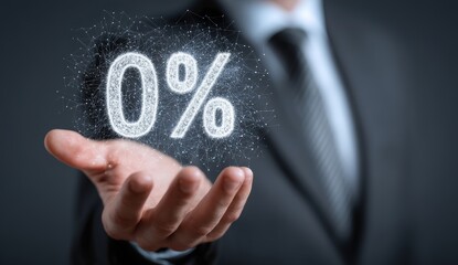 Businessman Holding 0 Percent Sign in Contemporary Style