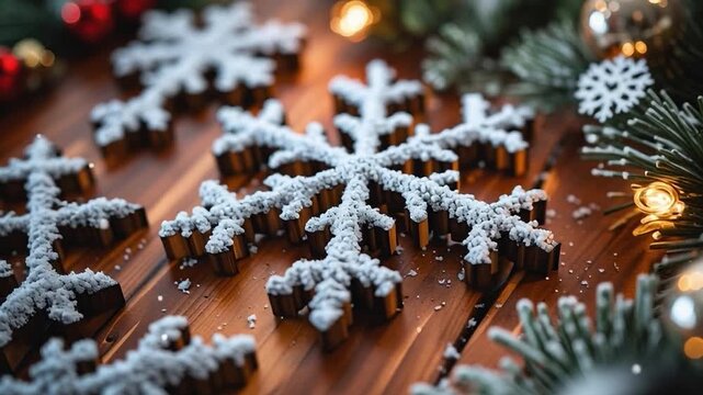 Enchanting Snowflake Display: Captivating snowflakes, dusted with crystalline powder, grace a textured wooden surface. Embellished with festive holiday decor.