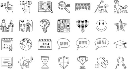 Braille, Accessibility  Disability Awareness Line Icons. Education, Communication, Support, Guide Dogs, and Learning Symbols for Visually Impaired Community.