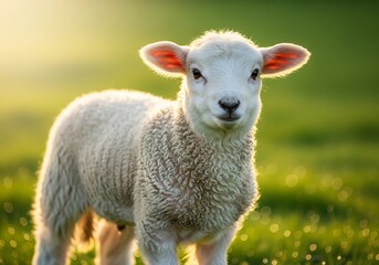Obraz premium A fluffy white lamb stands in a sunlit green field, looking directly at the viewer with soft eyes.