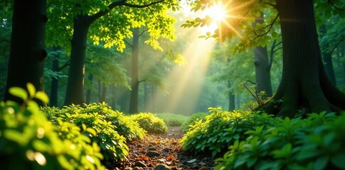 Obraz premium Sunlit forest clearing, vibrant green foliage, dynamic light and shadow , green, outdoor, forest