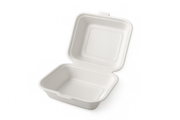 Disposable food container representing takeout, delivery, and restaurant service with empty clamshell box
