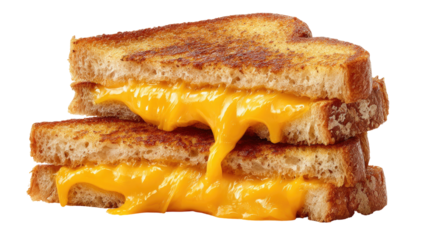 Two golden, toasted bread slices filled with melted, gooey cheese