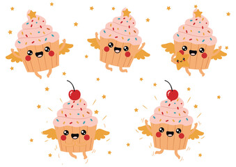 Kawaii cupcake characters with wings, sprinkles, stars, and cherries set