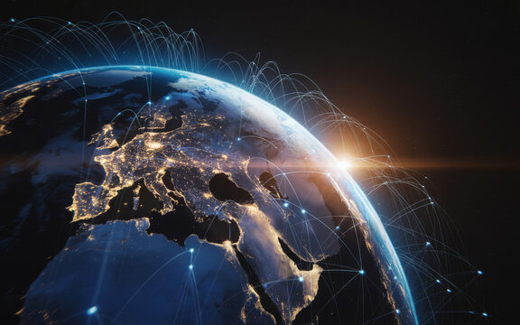 Digital network connections overlaying earth from space satellite