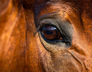 Close-up of a brown equine eye, capturing details and reflection