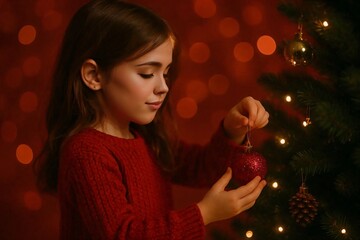 Young girl in red sweater decorating Christmas tree with baubles on festive background with warm holiday lights