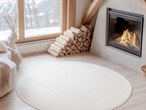 Cozy modern living room with roaring fireplace, stacked firewood, and large window overlooking snowy mountain landscape