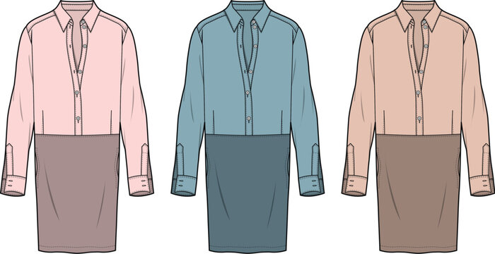 Colorful Shirt Dress Sketches Fashion Design Flat Technical Drawings