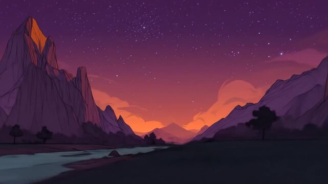 Stylized landscape illustration of mountain range silhouette at sunset
