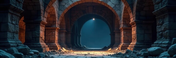 Cracked stone arches frame dark, pixelated chambers Ancient secrets await , temple, fantasy