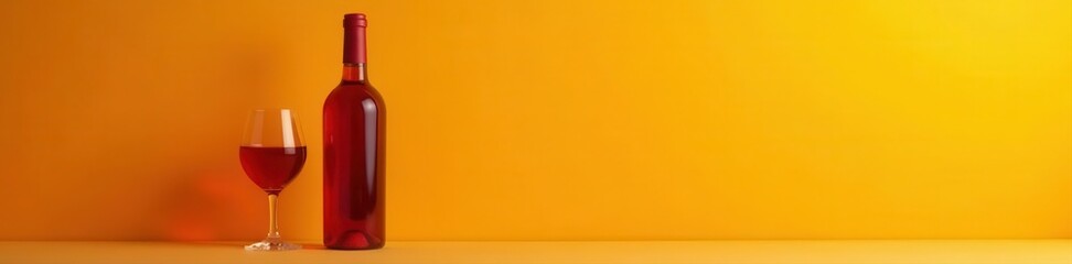 Crimson wine bottle next to a partially filled glass against sunny yellow , background, shape, crisp