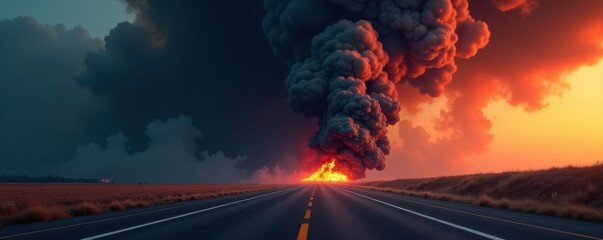 Massive black smoke cloud from runway inferno , heat, intense