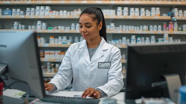 Focused Female Pharmacist Using Computer for Prescription Management in a Modern Pharmacy Setting