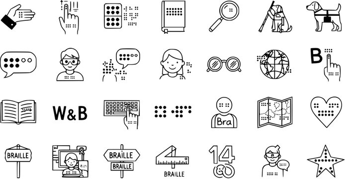 Braille and Blindness Accessibility Line Icons Set: Visual Impairment Reading, Writing, and Communication Tools Collection - Powered by Adobe