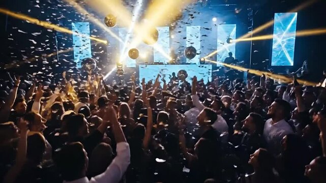 Energetic crowd celebrating vibrant concert with dazzling lights and confetti, creating an unforgettable party atmosphere