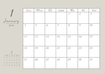 2026年 1月 おしゃれ書き込みカレンダー