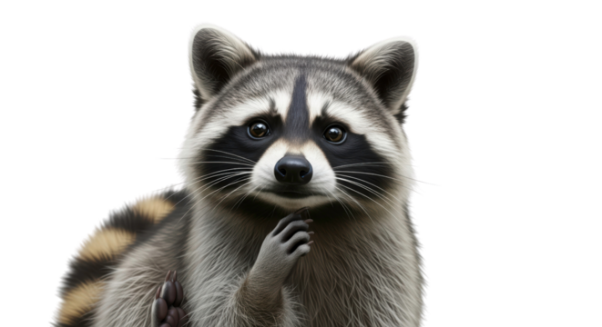 Thoughtful Raccoon's Reflection: A raccoon sits in quiet contemplation, its intelligent gaze suggesting a moment of deep thought. Captured close-up.