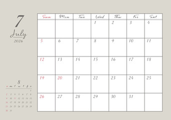 2026年 7月 おしゃれ書き込みカレンダー
