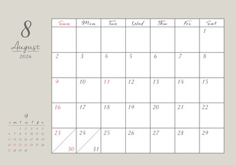 2026年 8月 おしゃれ書き込みカレンダー