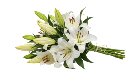 Lily Bouquet: An elegant bouquet of pristine white lilies, with their lush petals and verdant green leaves, exudes an air of sophistication and beauty, perfect for conveying sentiments of purity.