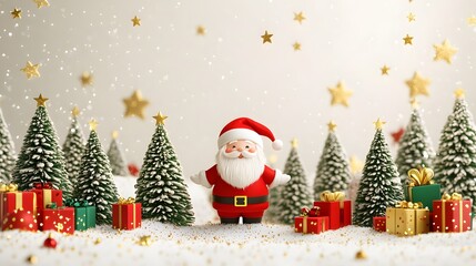 3D Santa Claus in snowy winter landscape with Christmas trees and gift boxes, festive holiday background with soft snowflakes and copy space for seasonal design or advertising.