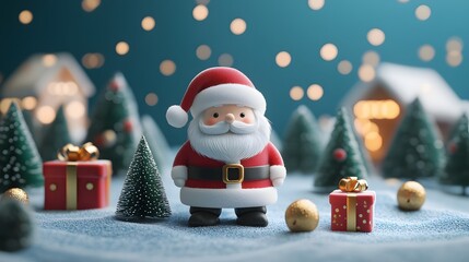 3D Santa Claus in snowy winter landscape with Christmas trees and gift boxes, festive holiday background with soft snowflakes and copy space for seasonal design or advertising.