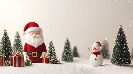 Cute 3D Santa Claus and snowman in snowy winter landscape with Christmas trees and gift boxes, festive holiday background with soft snowflakes and copy space for seasonal design or advertising.