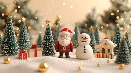 Cute 3D Santa Claus and snowman in snowy winter landscape with Christmas trees and gift boxes, festive holiday background with soft snowflakes and copy space for seasonal design or advertising.