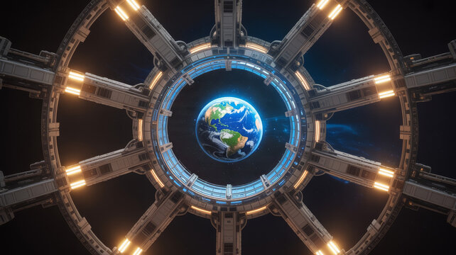 Futuristic space station orbiting planet earth in deep space satellite