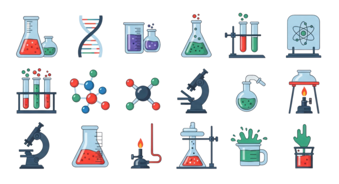 Scientific Discovery Icons: A collection of meticulously crafted icons showcasing the wonders of science, ranging from the intricacies of DNA to the breakthroughs of chemistry and physics. 