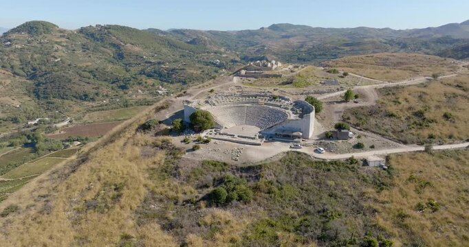 Aerial view of the Segesta Theater. These are the ruins of a Greek theatre located in the archaeological area of ​​Calatafimi-Segesta, in the province of Trapani, Sicily, Italy.