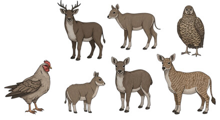 Obraz premium Diverse Fauna Illustration: A detailed illustration showcasing a variety of animals, with a focus on deer and other wildlife, ideal for educational or decorative purposes.
