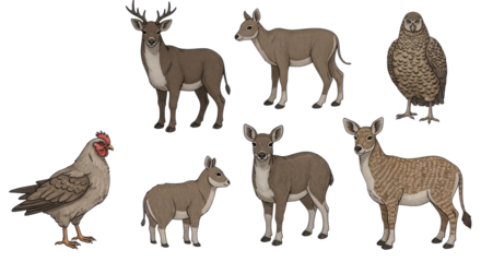 Diverse Fauna Illustration: A detailed illustration showcasing a variety of animals, with a focus on deer and other wildlife, ideal for educational or decorative purposes.
