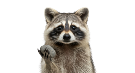 Curious Raccoon Holding a Rock: A close-up view of a charming raccoon holding a rock in its paw, displaying intelligence and curiosity with its expressive eyes and endearing pose.
