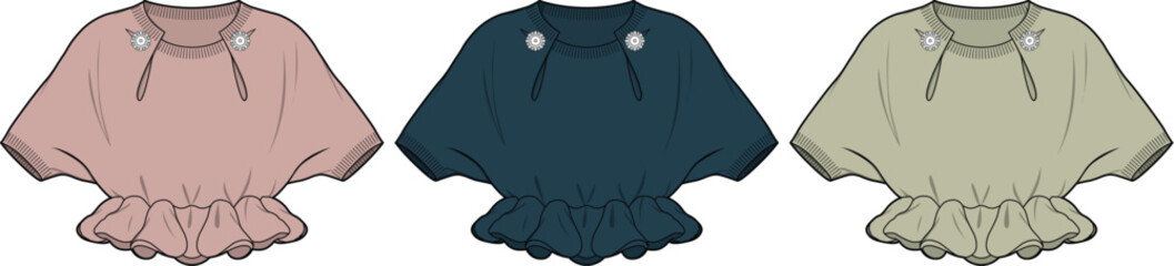 Elegant Gathered Blouse Vector Illustration in Varied Color Options