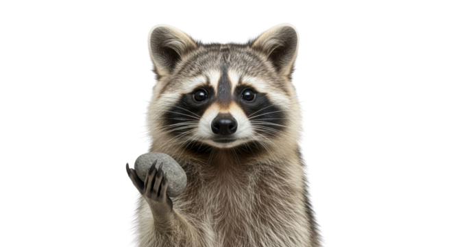 Curious Raccoon Holding a Rock: A close-up view of a charming raccoon holding a rock in its paw, displaying intelligence and curiosity with its expressive eyes and endearing pose.