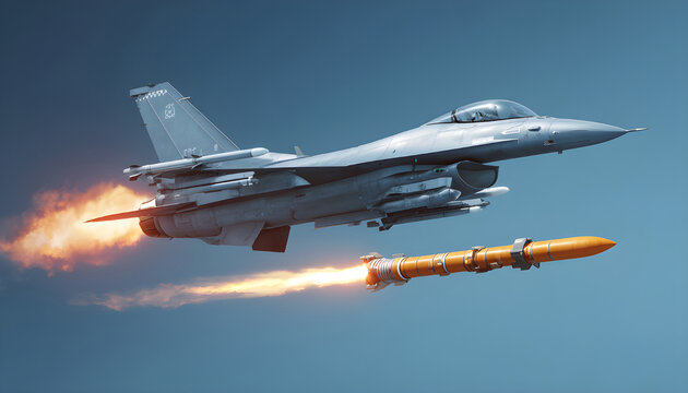 Military fighter jet having just launched one large air-to-surface missile, single big guided missile flying ahead of aircraft with bright orange exhaust flame