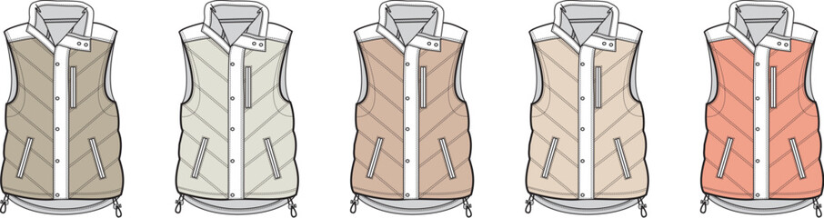 Collection of puffer vest fashion flat templates in various earth tones. Technical sketch of a sleeveless gilet for apparel design and clothing mockups