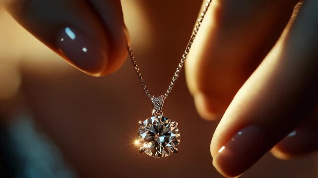 Close-up of woman's hands holding brilliant diamond pendant necklace