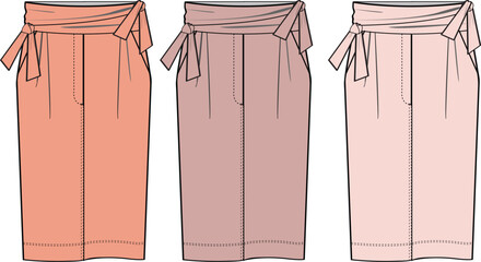Vector fashion flat technical sketch of a woman's high-waisted midi skirt with a tie belt, shown in three different color variations for apparel design and clothing mockups