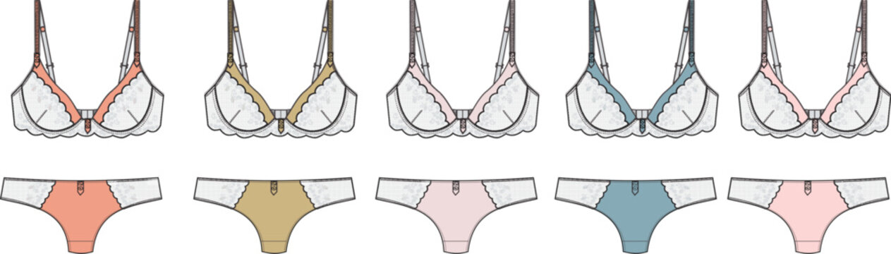 Technical fashion flat sketch of a women's lingerie set, showing a sheer underwire bra and panties in multiple color variations
