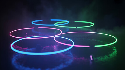 Vibrant neon rings glowing with stunning reflections, perfect for tech branding, modern design, or futuristic concepts with a captivating energy boost