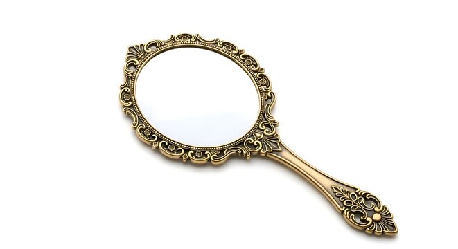 A retro handheld mirror with ornate frame, on clean background